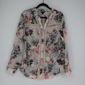 Torrid Women's Chiffon Clip Dot Lace Inset V Neck Top Sheer Floral Pink Size 1X